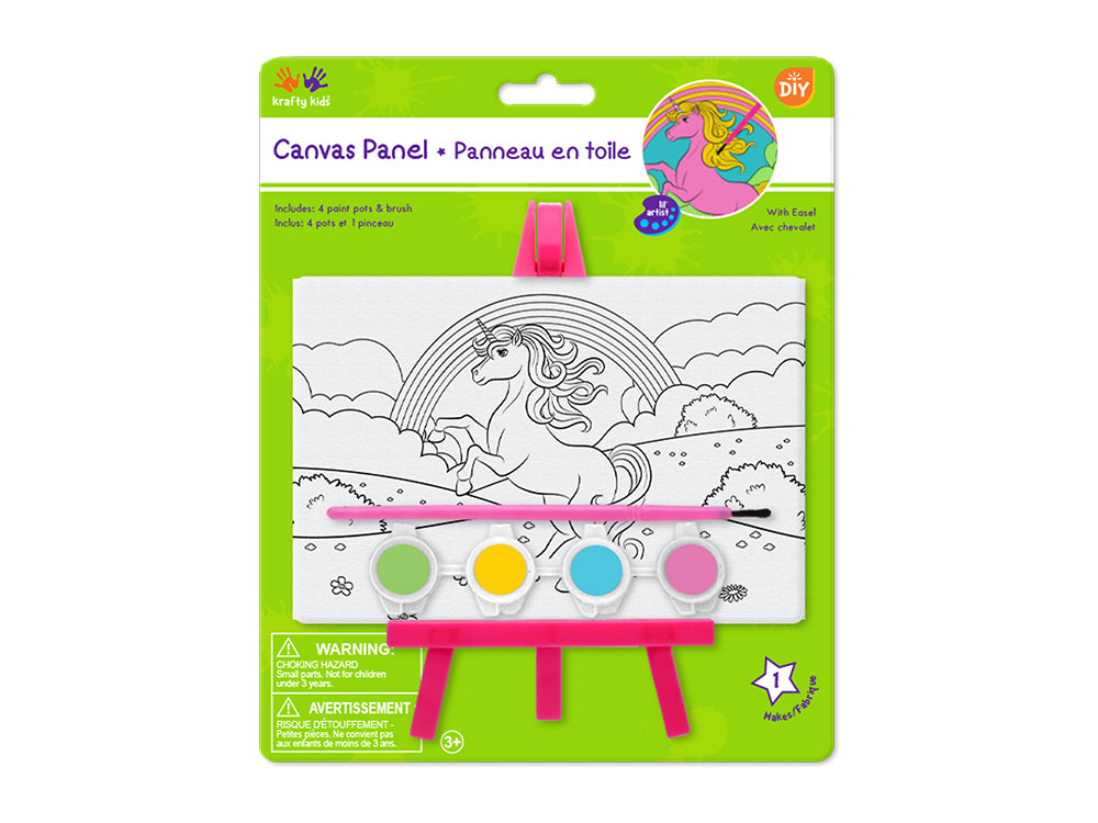 Krafty Kids Kit: 3.9"x5.9" DIY Canvas Panel on Easel w/4 Paint Pots+Brush A) Unicorn