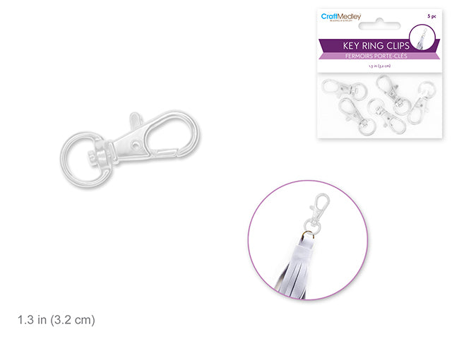 Jewelry Findings: 1.25" Key Ring Clip x5 w/Swivel Ring B) Silver