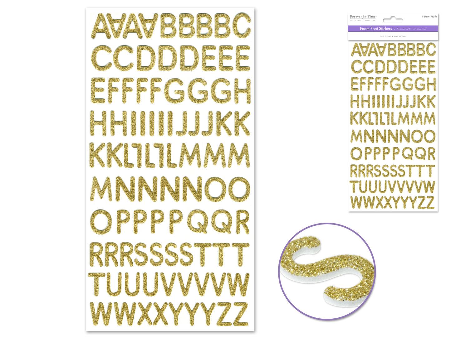 Paper Craft Sticker: 5.6"x11" Glitter Foam Alphabet 3/4" Letters A) Gold