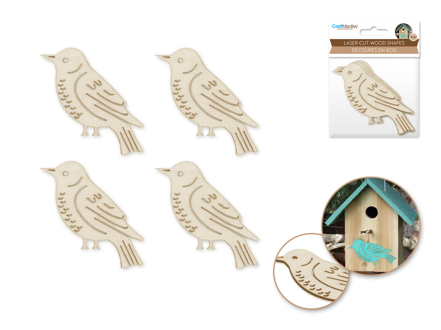 Wood Craft: 8cm Laser-Cut Ornate Wood Shapes x4 G) Birdie