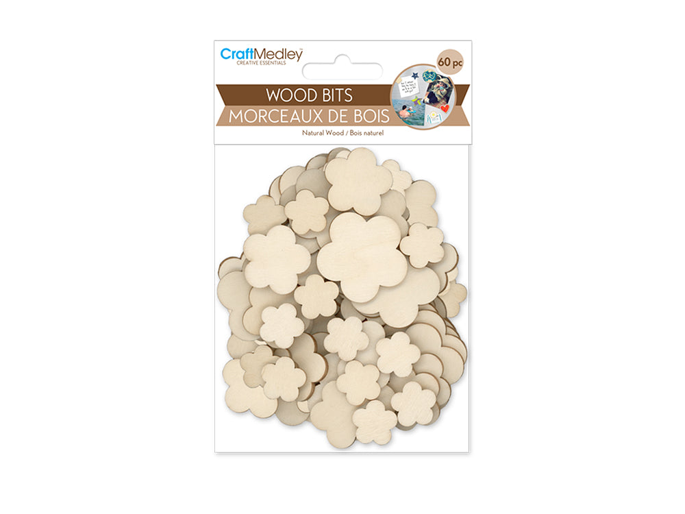 Craftwood: Wood Bits 60pc 1.7mm(T) Asst 3stl 4*4/3*3/2*2cm C) Flowers