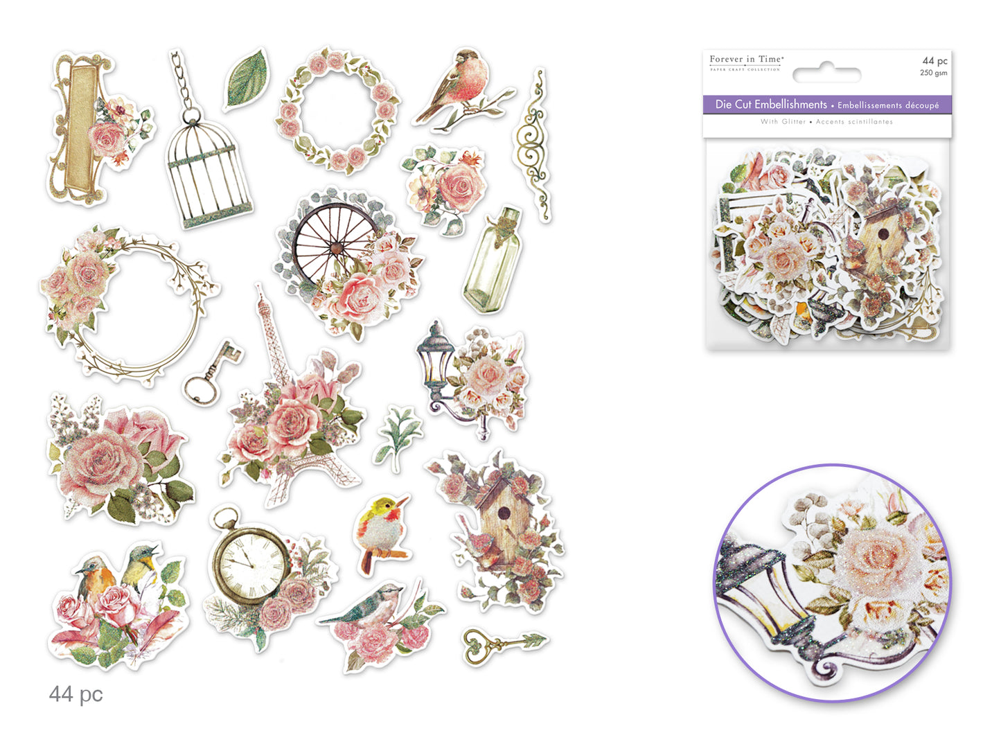 Paper Craft Embellishment: Glitter Die Cuts 250gsm J) Vintage