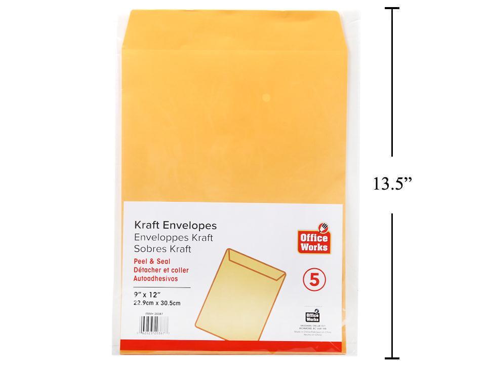 O.WKs. 5-pc 9x12" Peel & Seal Kraft Envelope (30856)