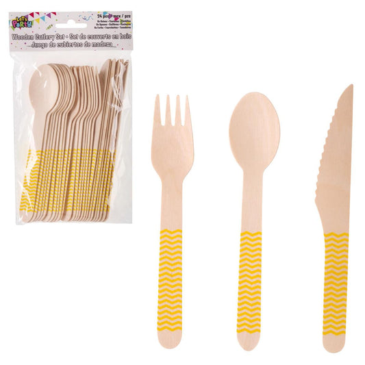 Let's Party 24pcs. Wooden Cutlery set. Yellow