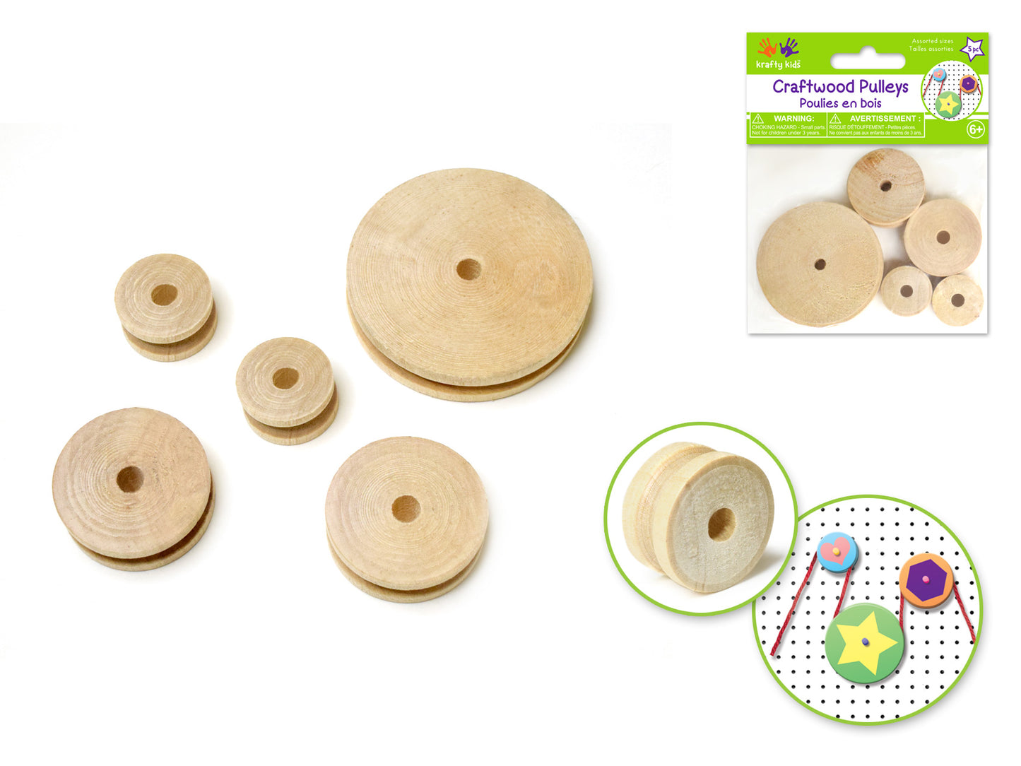 Craftwood: 20/30/50mm Pulleys x5 Asst Natural 10mm(T)