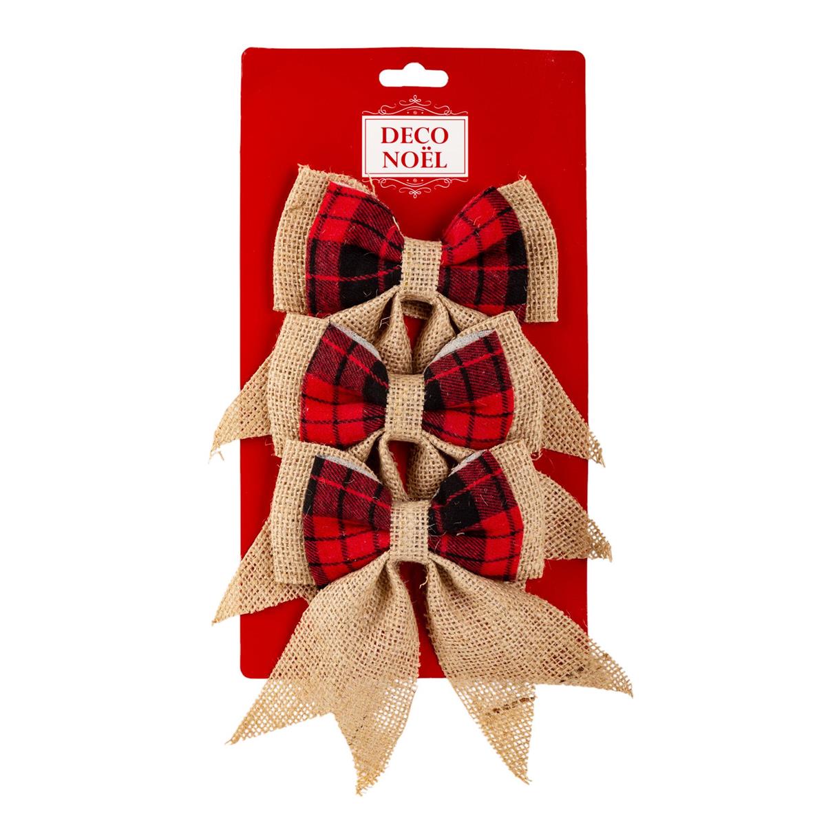 Deco.N 3pk 5x4.5" Jute/Plaid Bow Décor,T.O.C.