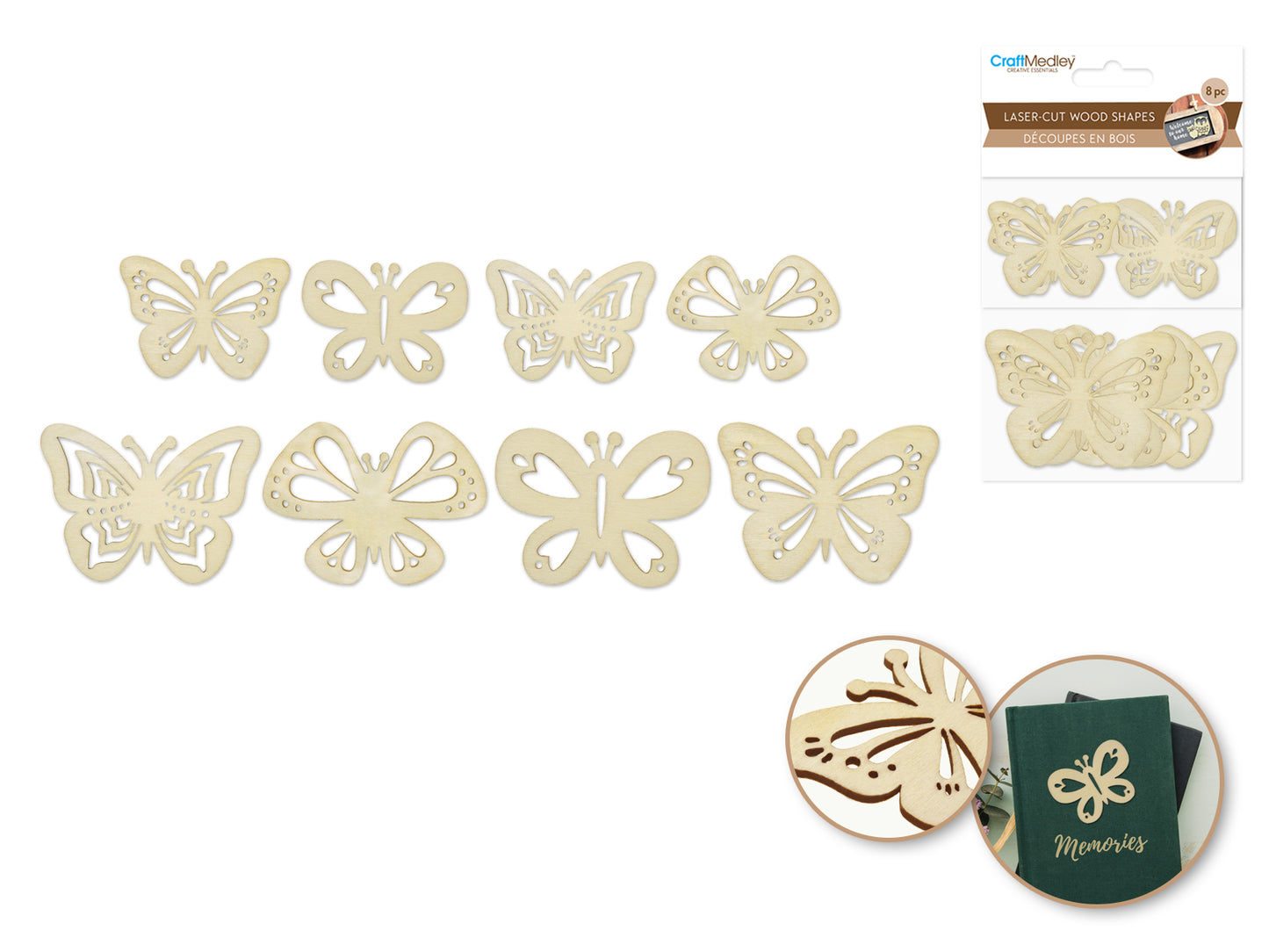 Wood Craft: Laser-Cut Wood Shapes x8 C) Butterflies