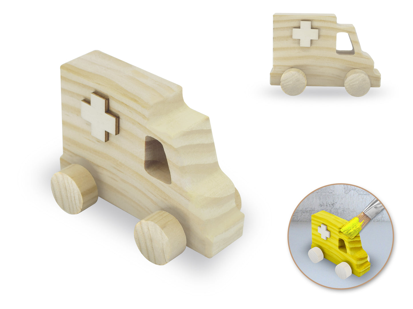 Wood Craft: 4.5" DIY Solid Wood Vehicles w/Moving Wheels C) Ambulance