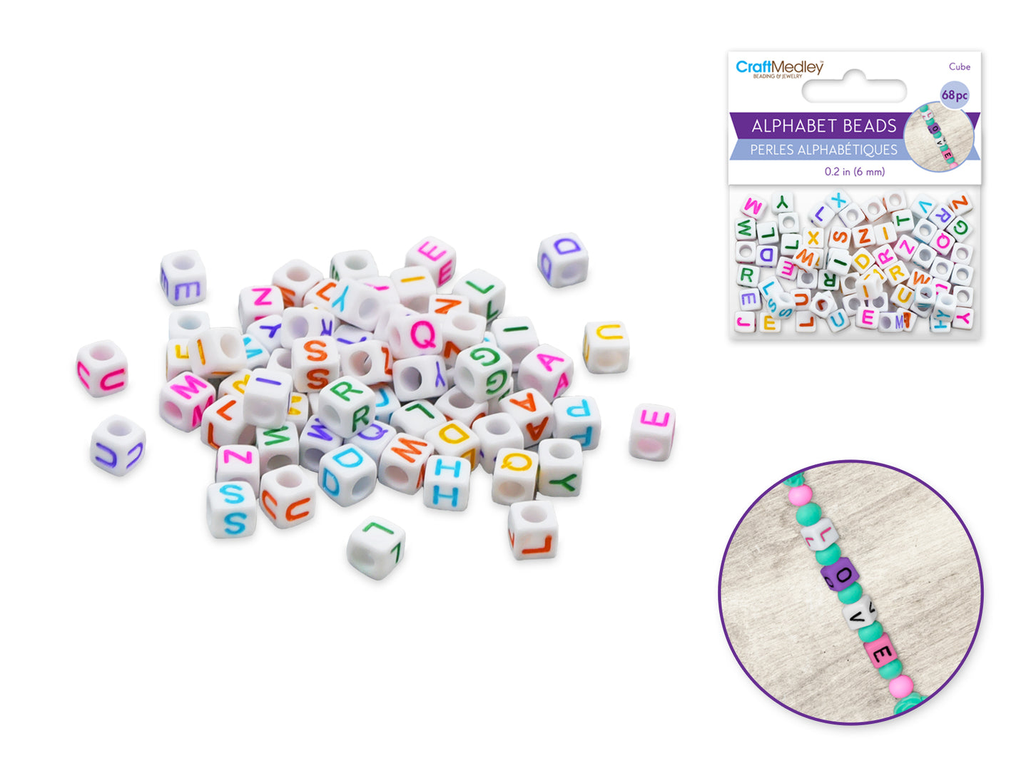 Alphabet Beads: 6mm Cube 68ct A) White w/Colored Letters