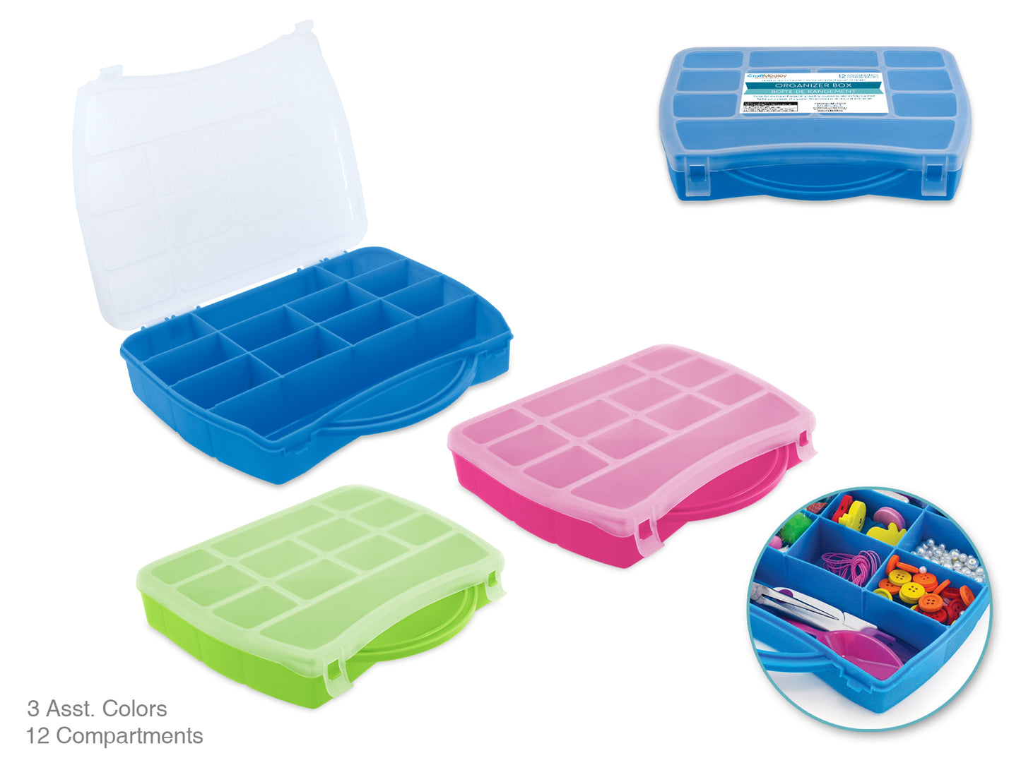 Craft/Bead Storage: 9.8"x7.3"x1.6" Organizer Box 12-Comp w/Snap Lid