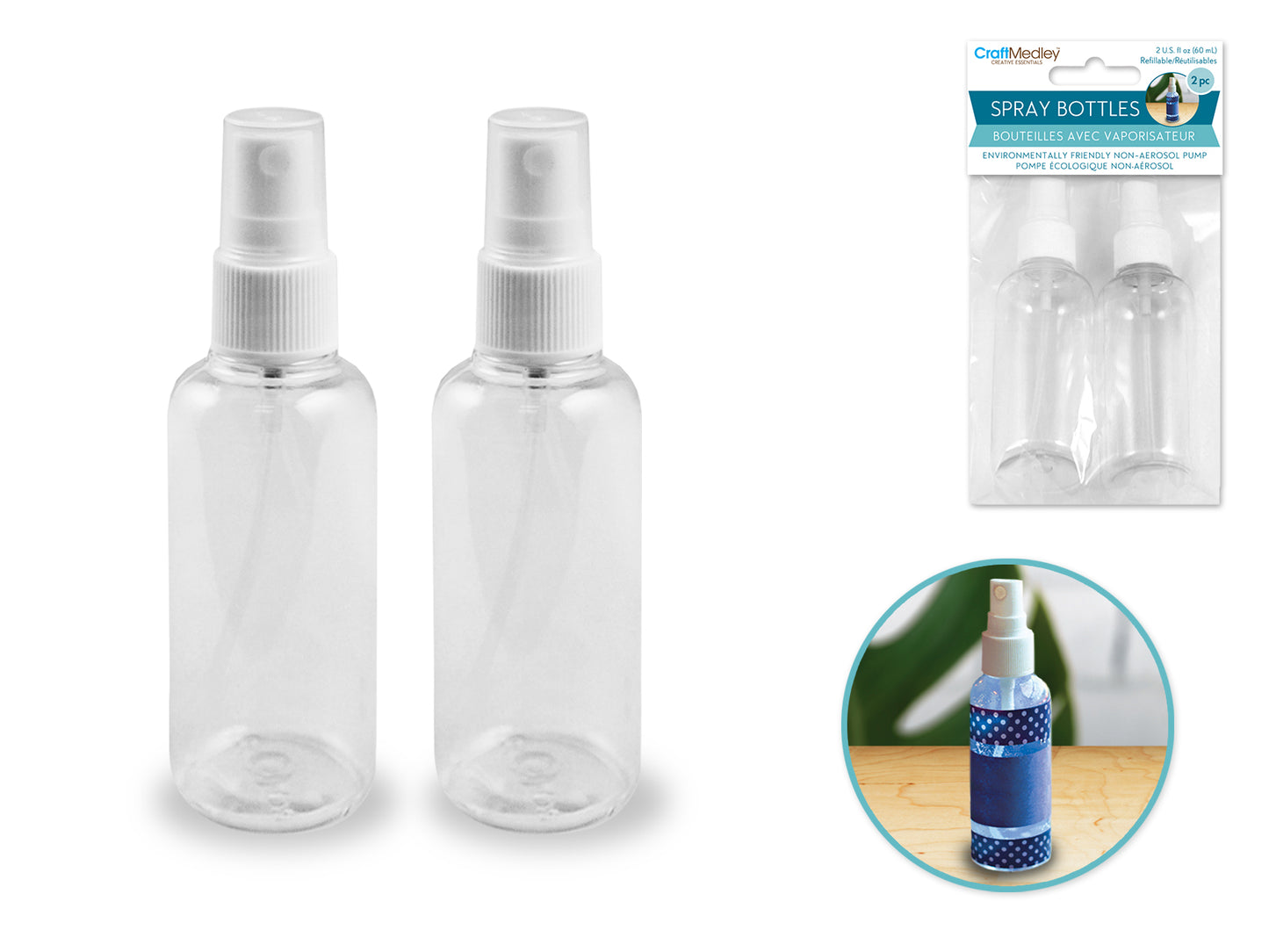Plastic Bottles: 2oz Pump-Spray~ Refillable Screw-Top 2/pk