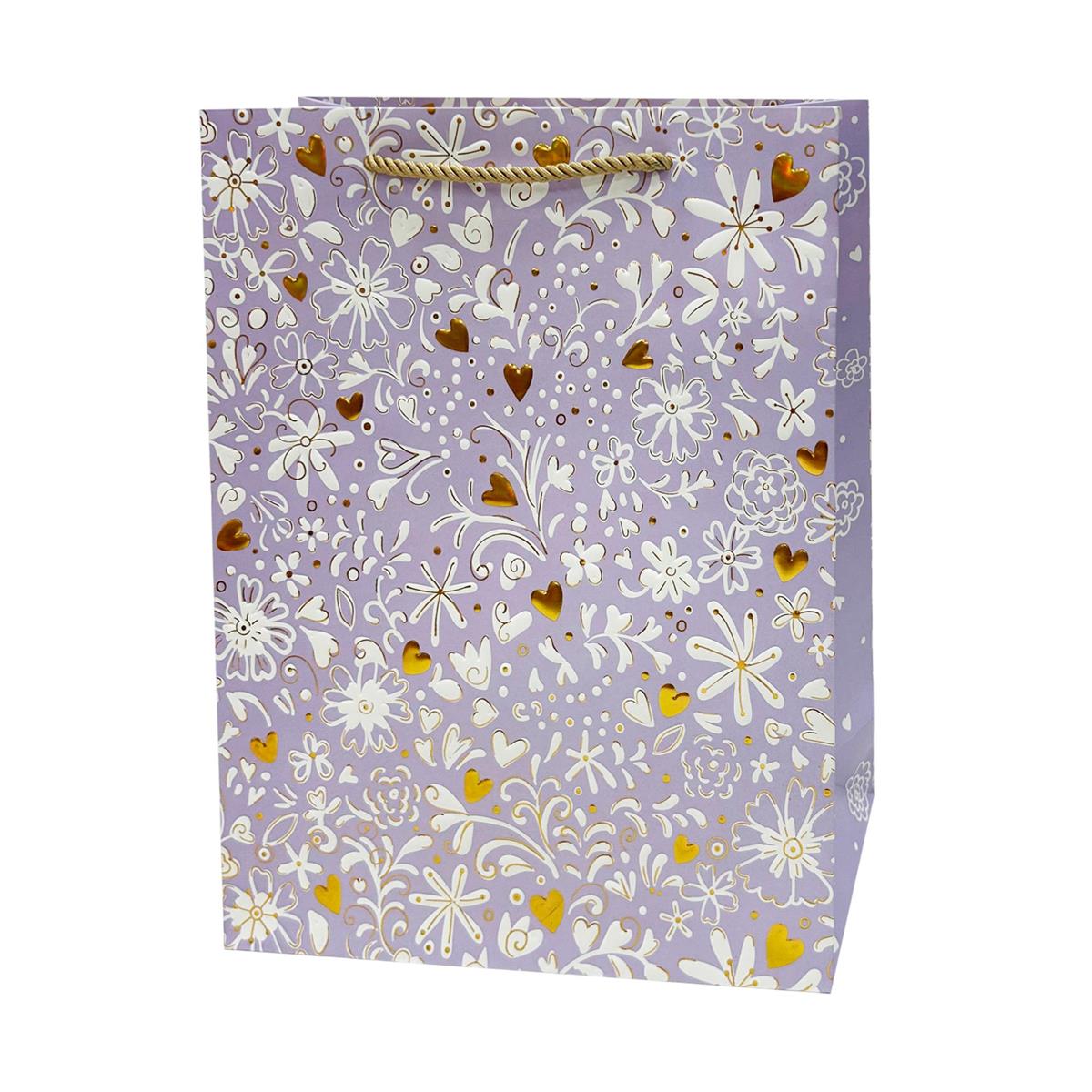 Paper T. Gift Bag, Large, Purple Floral/Hearts, Emboss+HS, 210gsm, Tag + J-hook