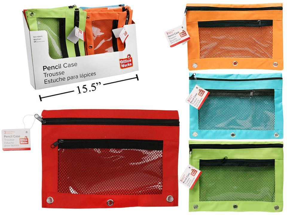 O.WKs. Mesh 3-Hole Pencil Cases, 24.dsp/Bu/Rd/Og/Gn