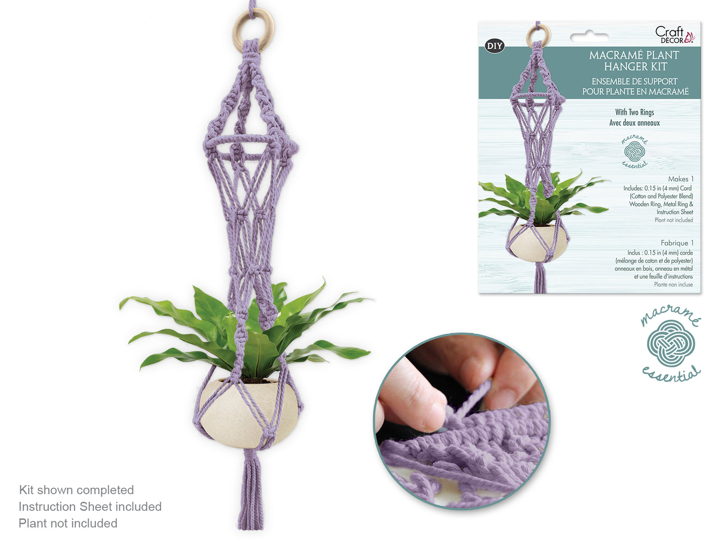 Craft Decor: DIY Macramé Planter Hanger Kit w/Wood Ring B) Mauve