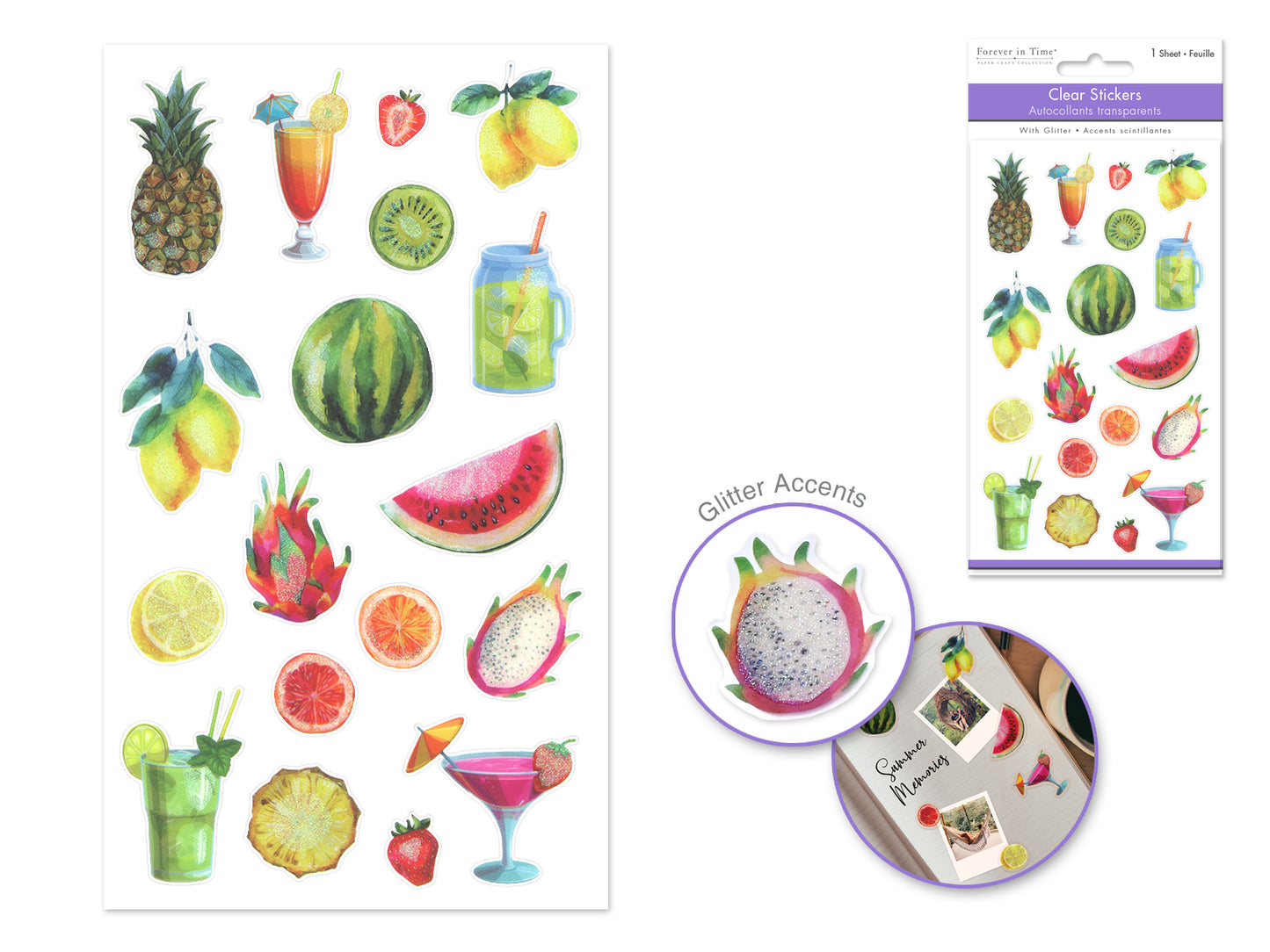 Paper Craft Stickers: 3.9"x6.9" Clear Glitter/Foil PET E) Tropical Fruit