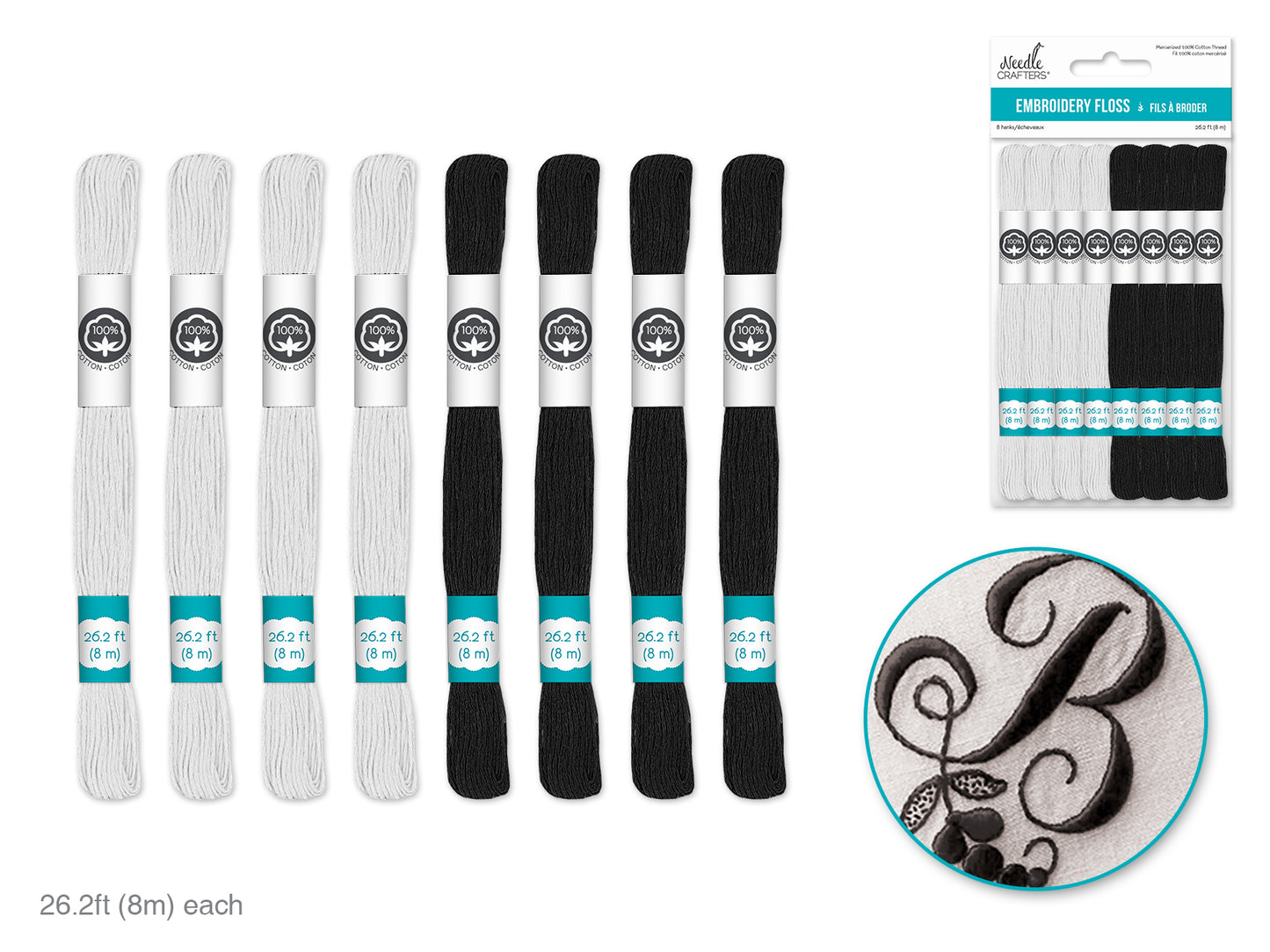 Needlecrafters: 8m Cotton Embroidery Floss 8 Hanks/pkg D) Black & White Mix