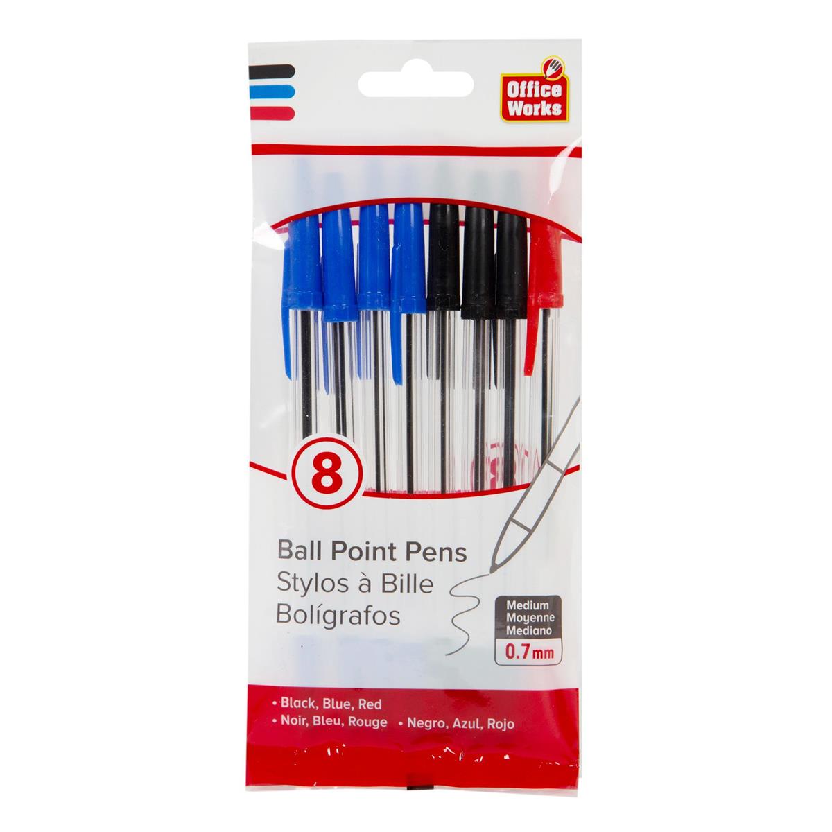 O.WKs. 8-pc 6.25" Ball Pens, 4 black, 3 blue, 1 red