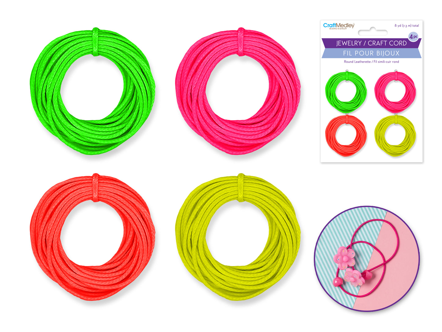 Jewelry/Craft Cord: 1mmx8yds Leatherette Round 4-col Asst C) Neon Asst