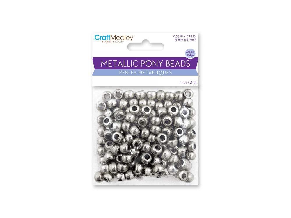Pony Beads: 9mmx6mm Barrel Metallic x150 C) Silver