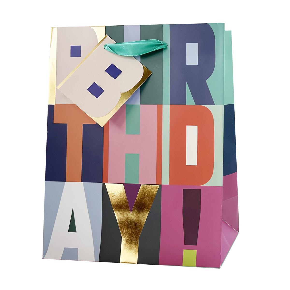 Paper T. Gift Bag, Large, Bday Blocks, Matte/HS, 157GSM, tag+j-hook
