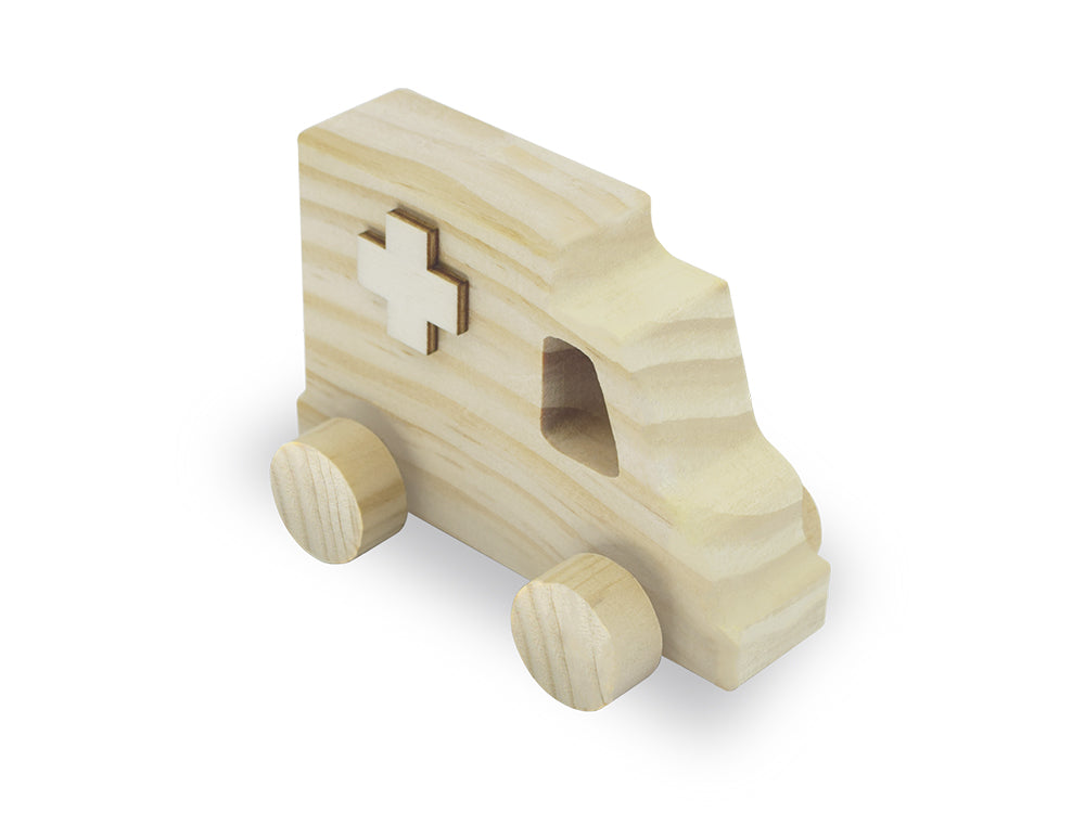 Wood Craft: 4.5" DIY Solid Wood Vehicles w/Moving Wheels C) Ambulance