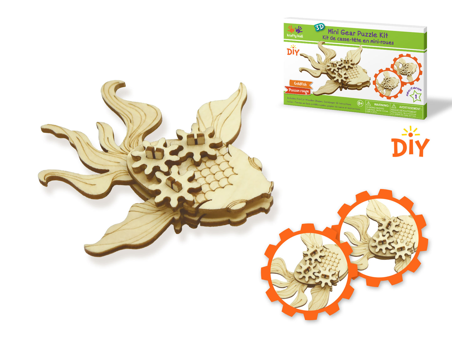 Krafty Kids Kit: 3D Mini Mechanical Gear Wood Puzzle B) Goldfish