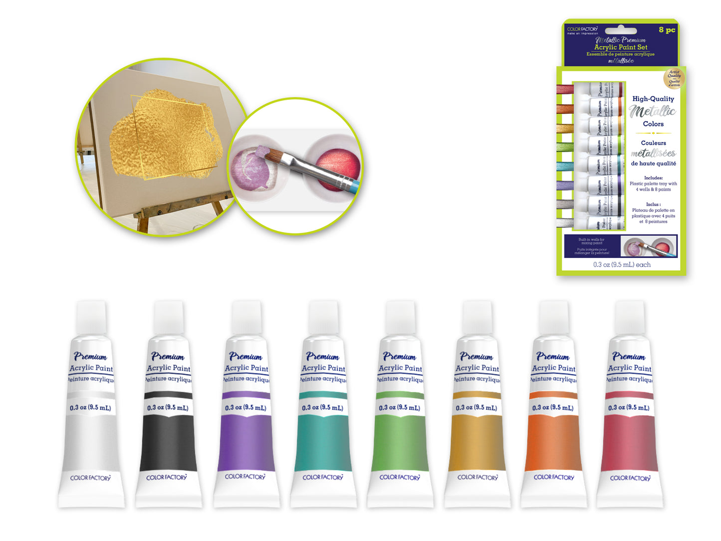 Color Factory: 76ml Premium Acrylic Specialty Paint Set 8x9.5ml Tubes A) Metallic