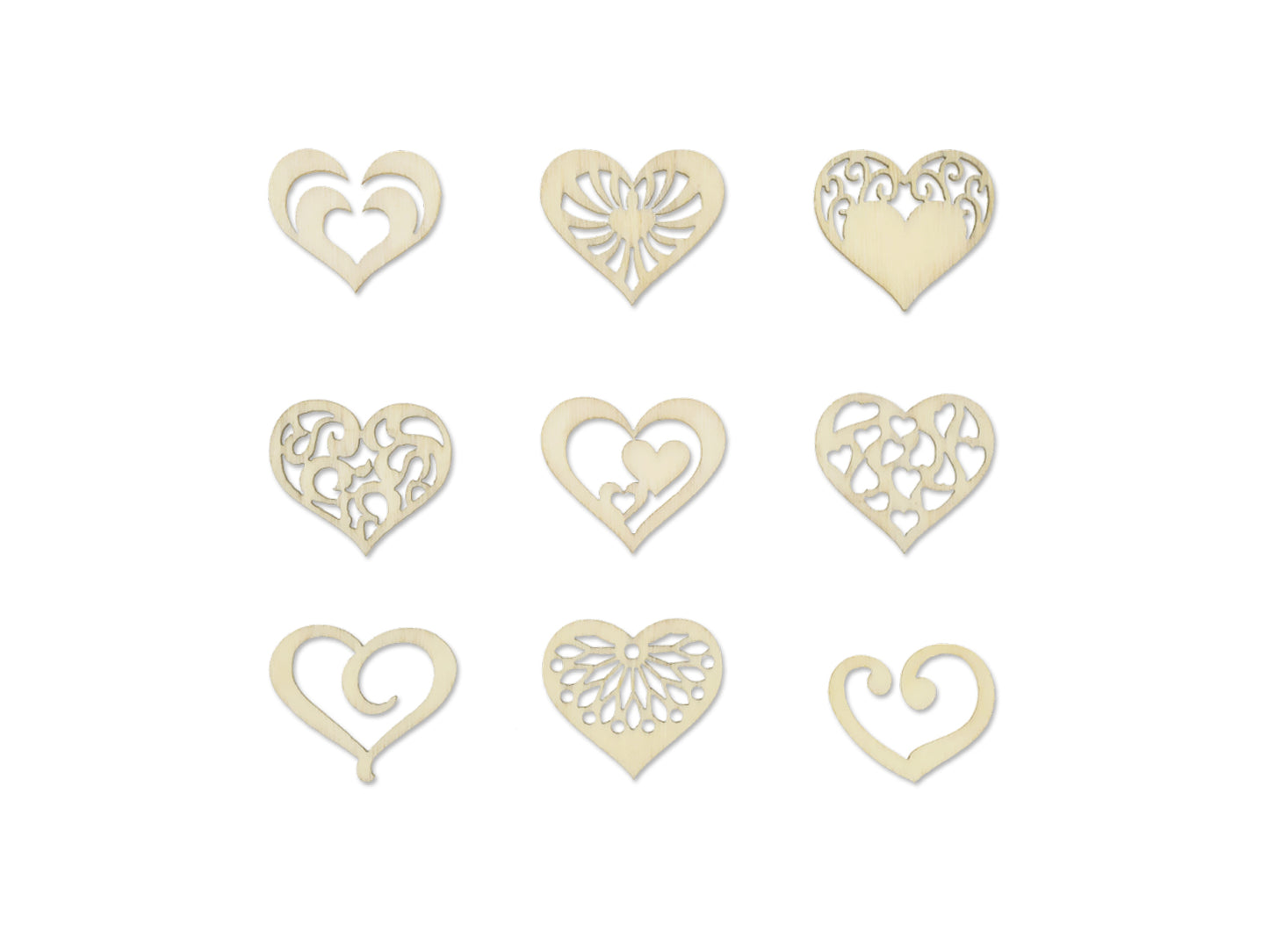 Paper Craft Emb: 45pc Mini Wood Emb in 9-Comp Box B) Hearts