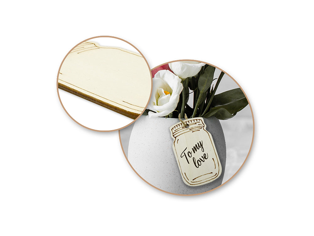 Wood Craft: Etched Mason Jar Tags w/Jute Cord A) 4cm x 7cm 8pc