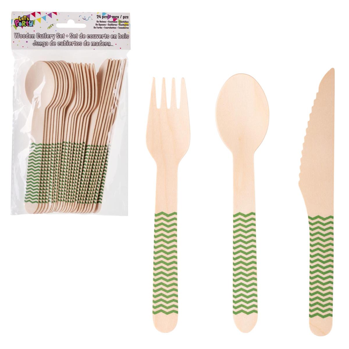 Let's Party 24pcs. Wooden Cutlery set. Green