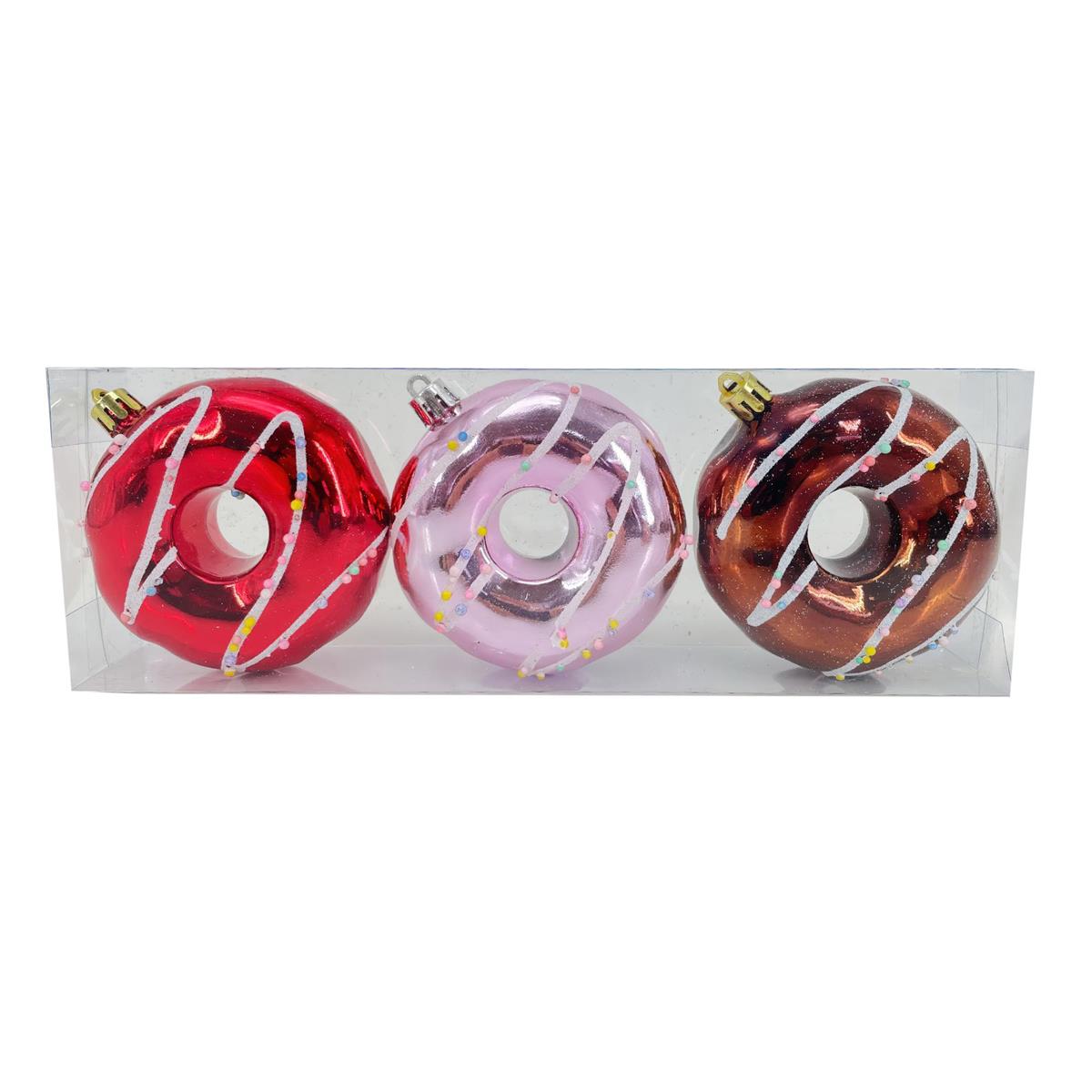 Deco N 3pk Christmas Metallic Donut Ornament set. PVC box w/color label, Ornament size :7.48x4.72x1.37"