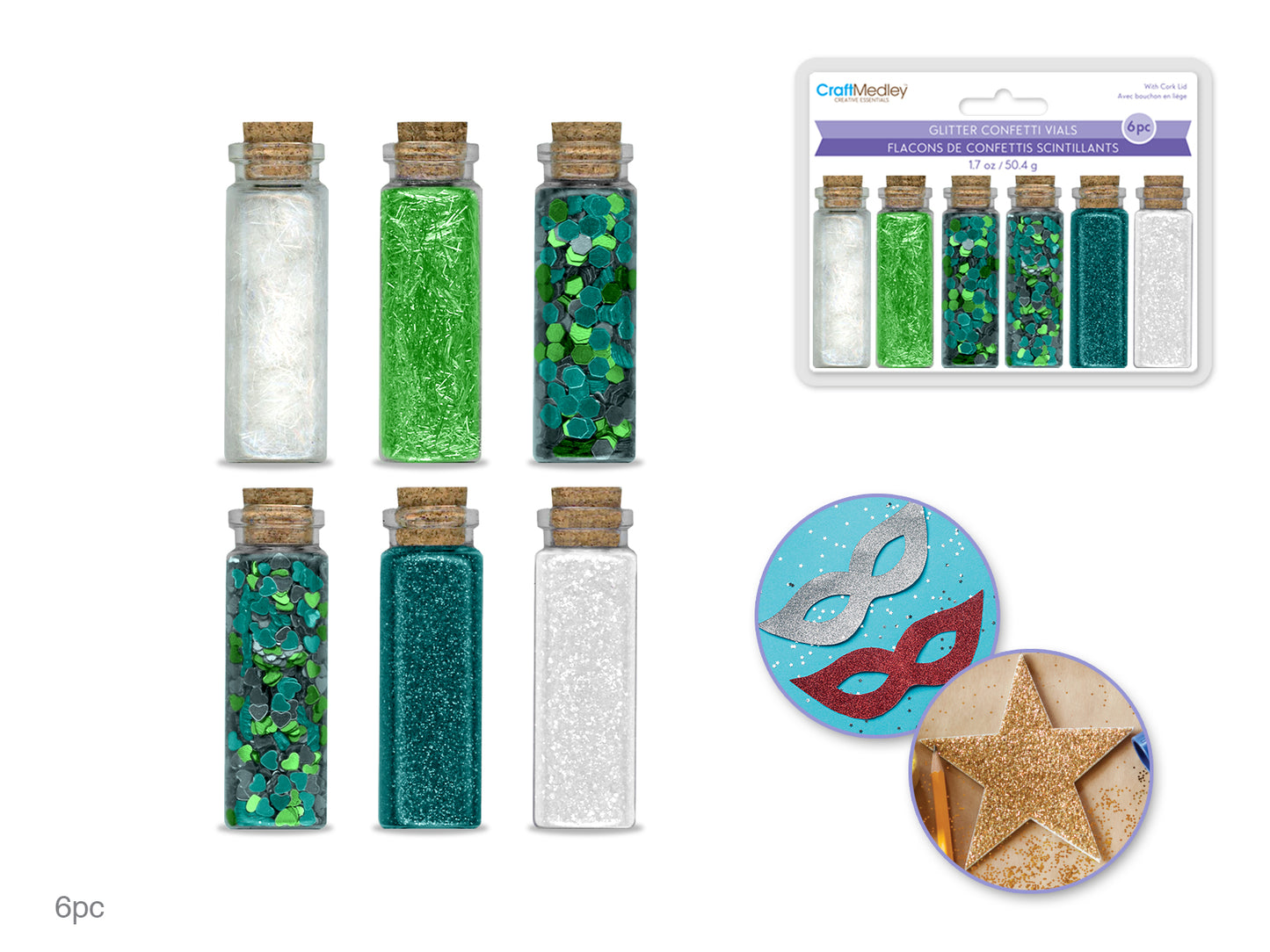 Craft Medley: 50.4g Glitter/Confetti Vials Asst w/Cork Lid (6x8.4g) D) Sky