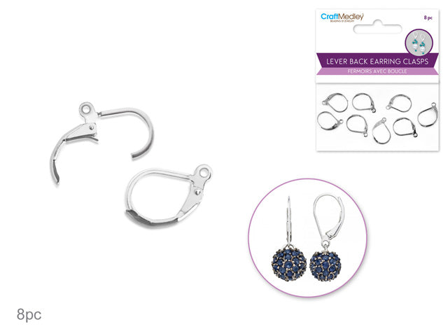 Jewelry Findings: 15mmx11mm Lever Back Earring Clasp x8 w/Loop B) Silver