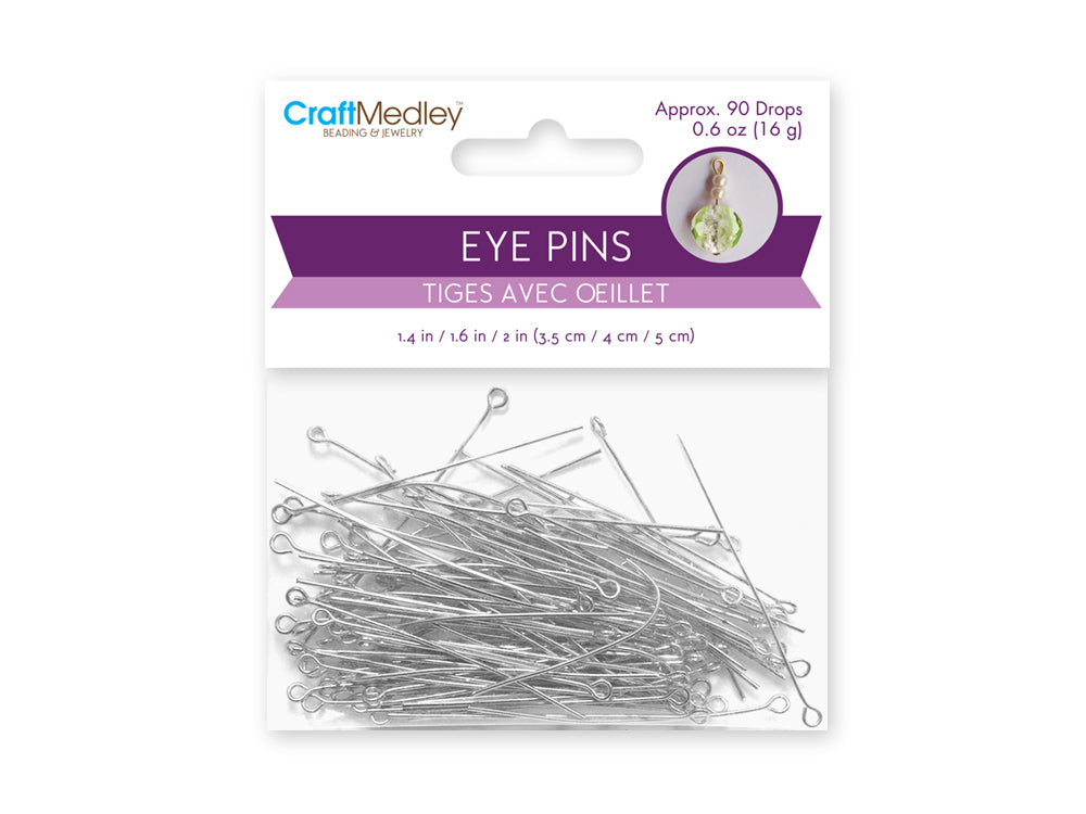Jewelry Findings: 3.5cm/4cm/5cm Eye Pins w/Loop x90 Drops B) Silver