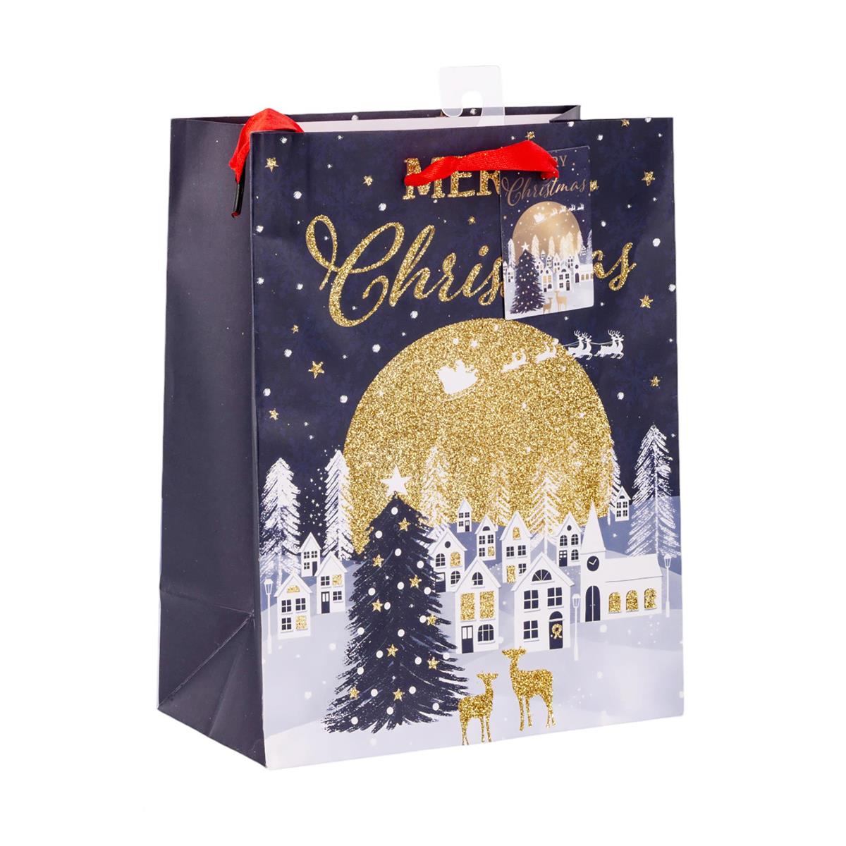 Paper T. Xmas Gift Bag, Medium, Matte+Glitter, j-hook + tag, 210gsm