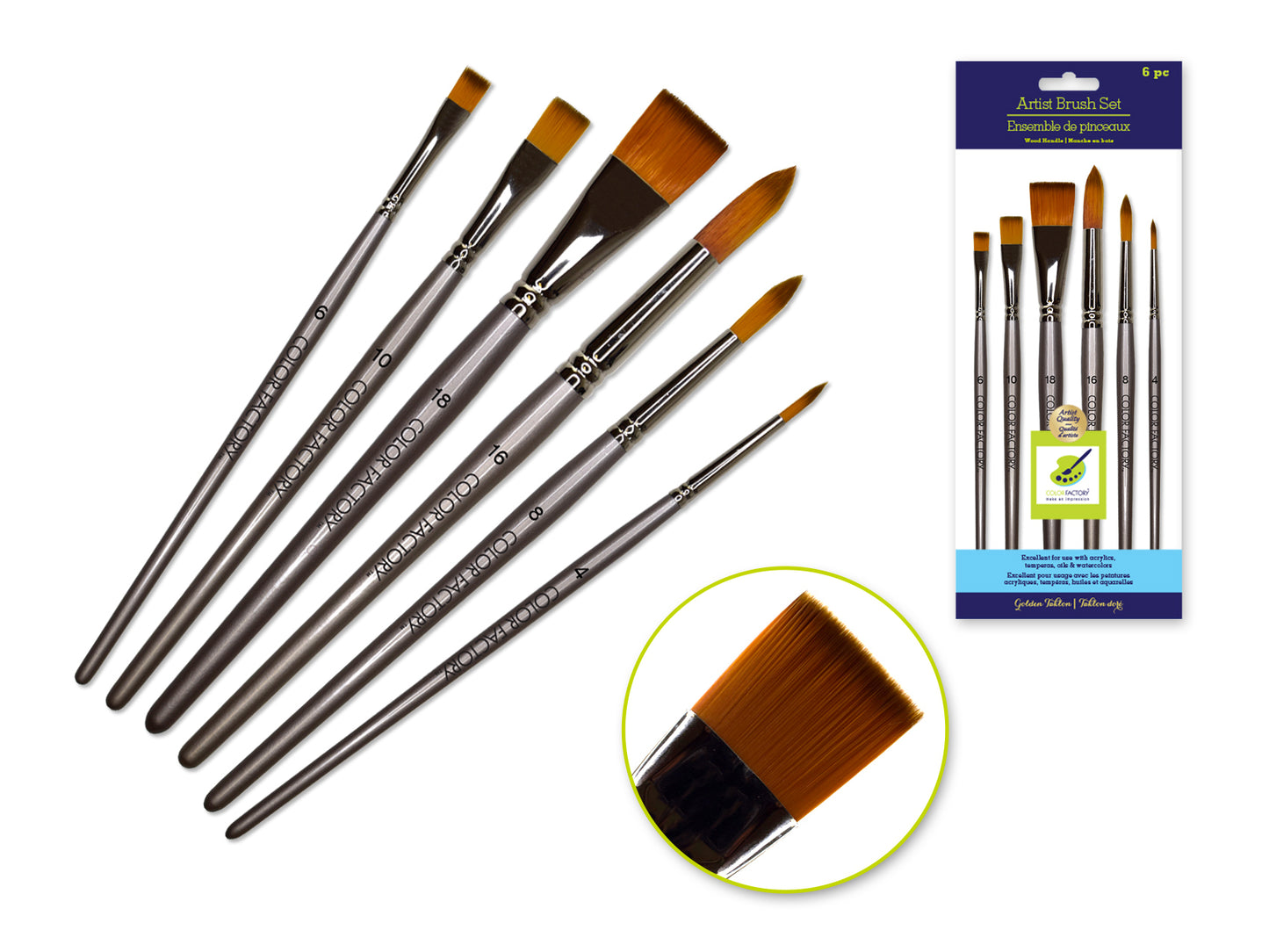 Artist Brush Set: Silver Set x6 Wood Handle/Nylon Hair A) Impact