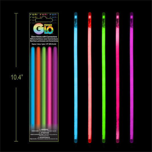 Neon Glo, Asst Neon, 5 pack  8" Glow Sticks with Connectors, Foil Pack