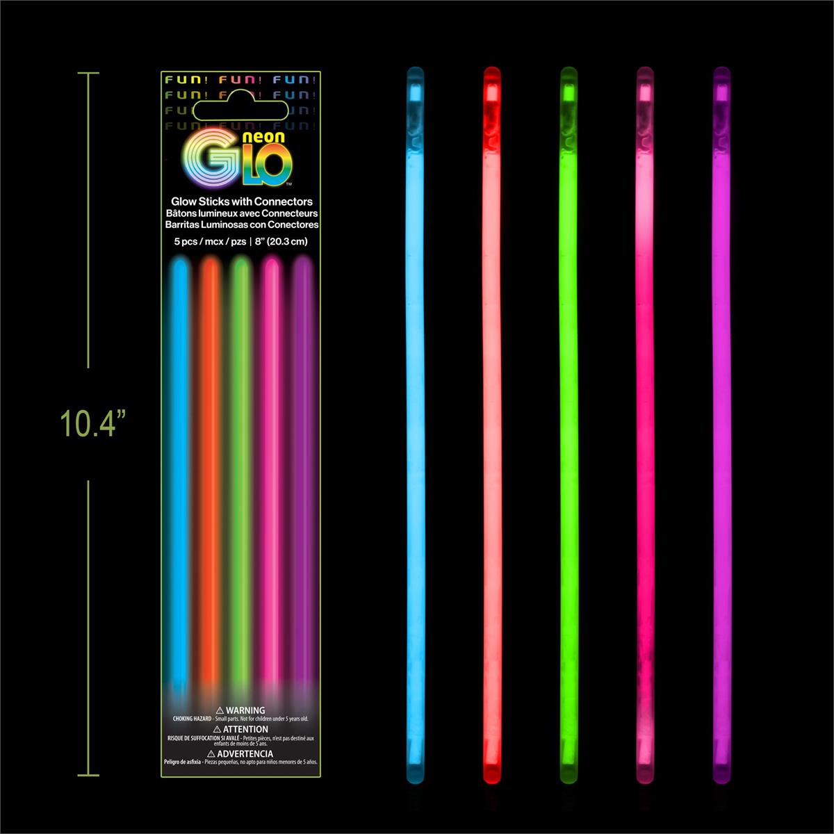 Neon Glo, Asst Neon, 5 pack  8" Glow Sticks with Connectors, Foil Pack