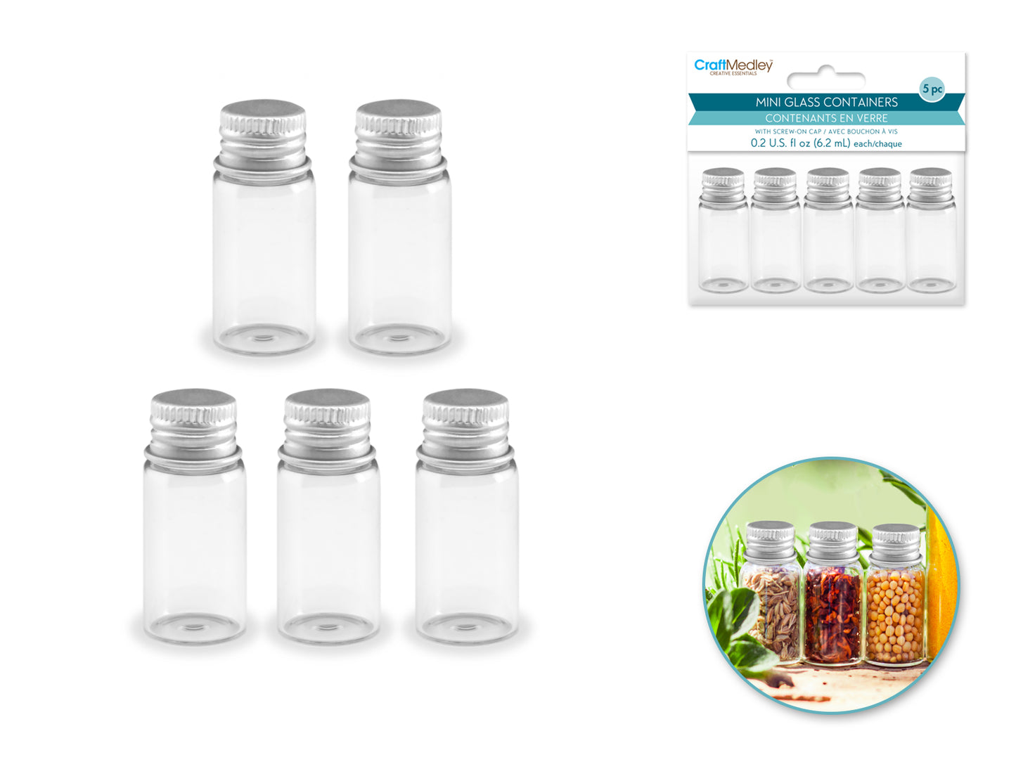 Glass Bottles: 18x40mm (6.2ml) Mini Containers w/Matte Aluminum Cap x5