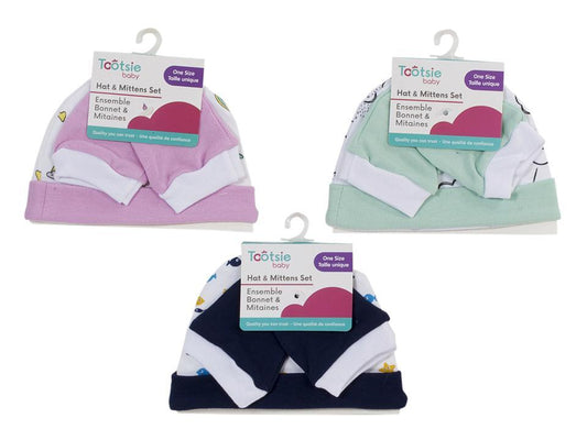 Tootsie Baby,Cotton Hat/Mittens Set ,3 col., New Born h/c+ J-hook