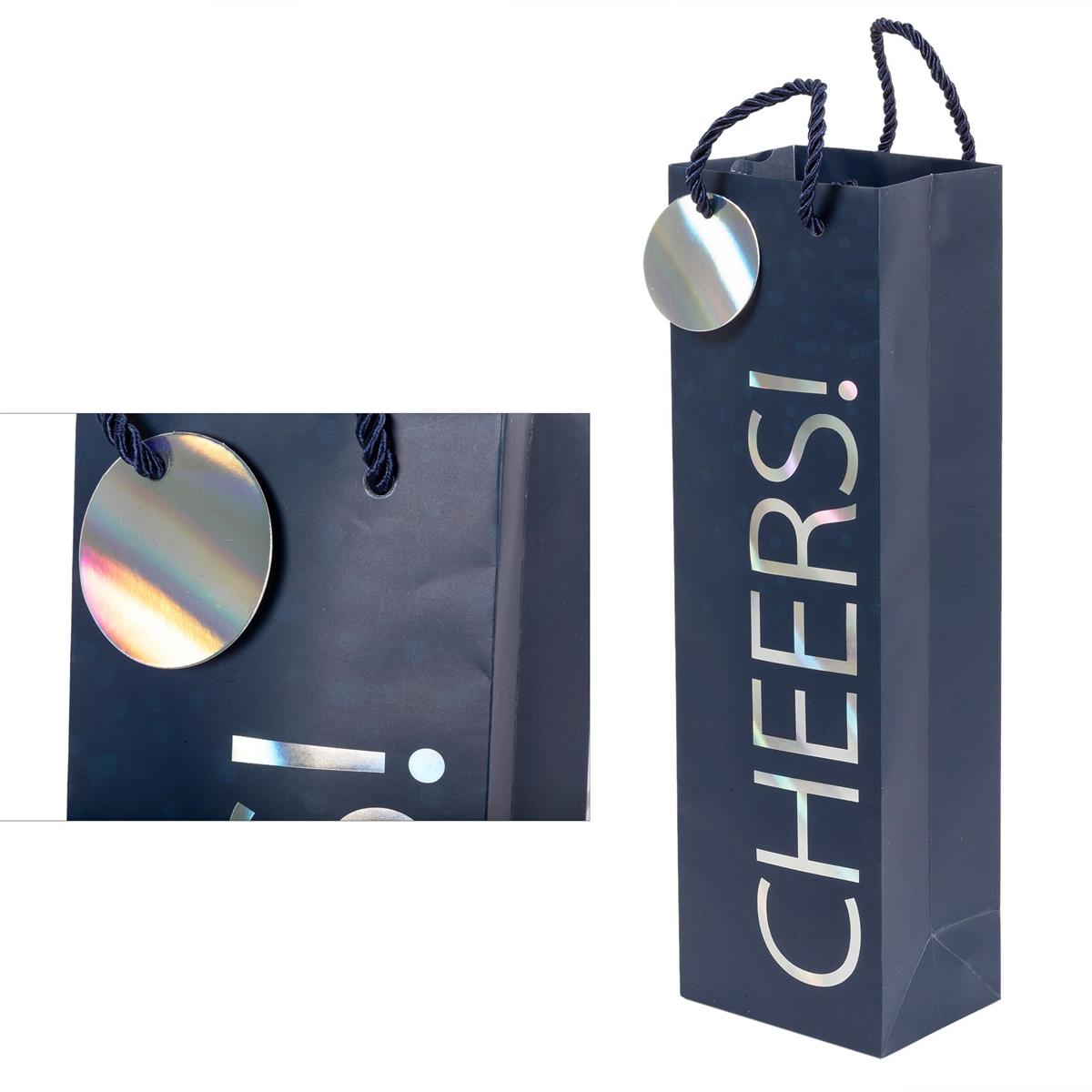 Paper T. Gift Bag, Bottle, Blk Cheers, Matte 180GSM, HS Tag +j-hook
