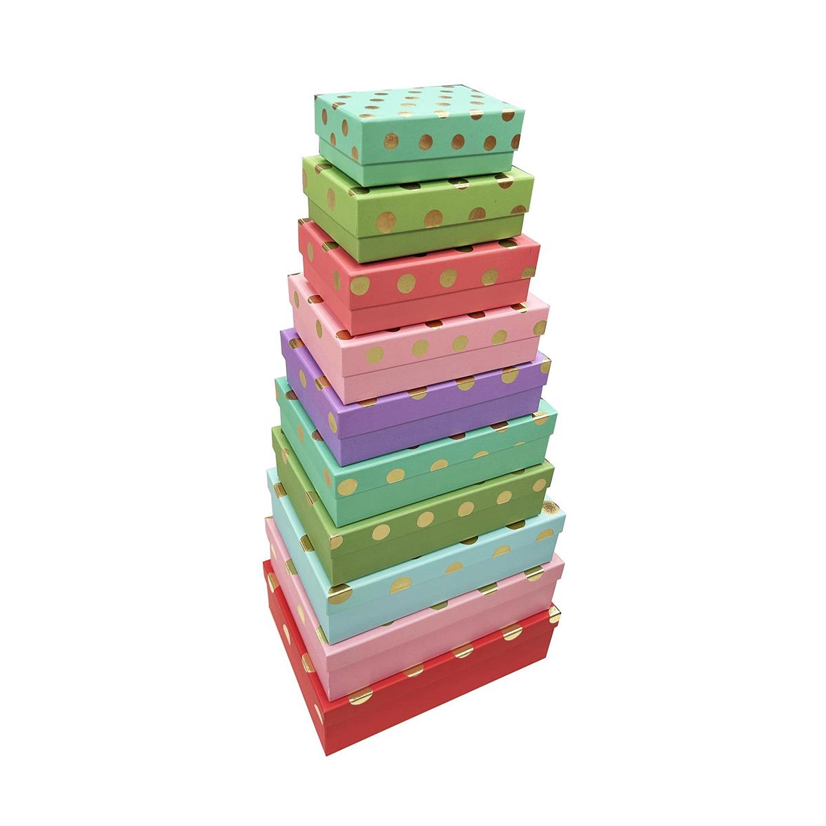 Paper T. Set/10 Rect. Gift Boxes, Hot Stamp, Gold Dots on Bright Solids, XXXXL: 14.5"x10.6"x4.3" - XXXS: 5.7"x3.9"x2", UPC on each; ea set in polybag