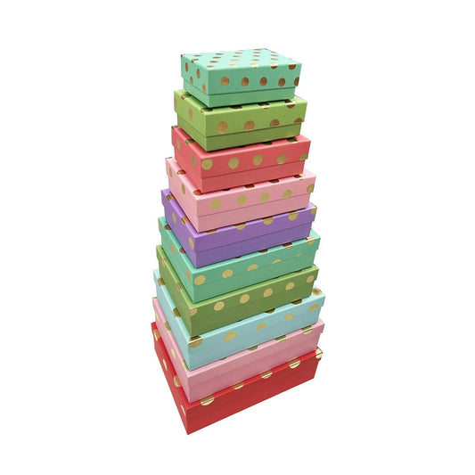 Paper T. Set/10 Rect. Gift Boxes, Hot Stamp, Gold Dots on Bright Solids, XXXXL: 14.5"x10.6"x4.3" - XXXS: 5.7"x3.9"x2", UPC on each; ea set in polybag