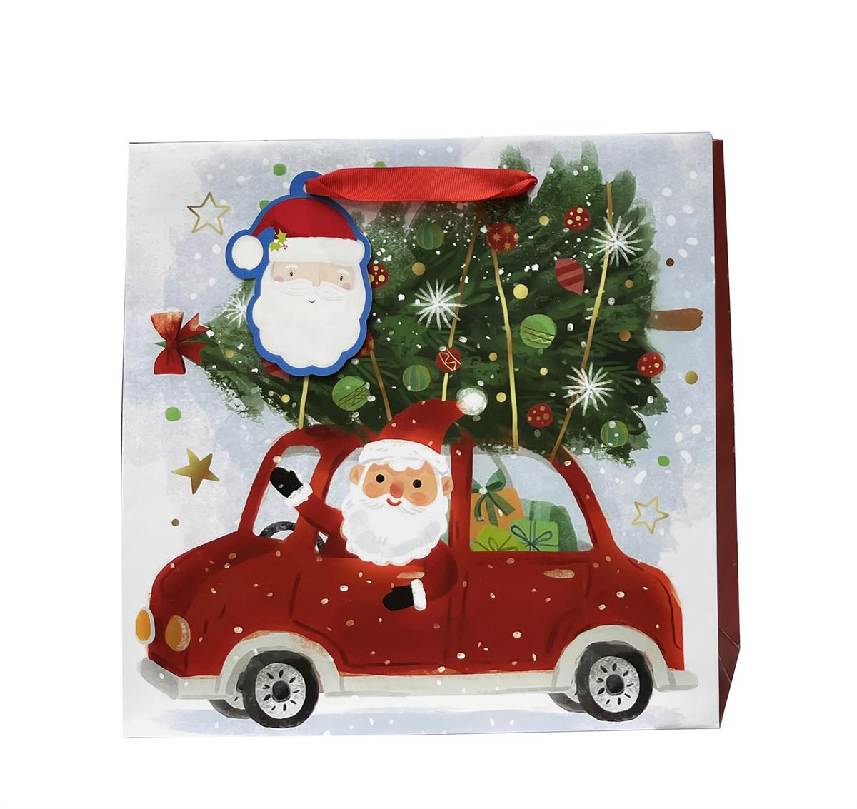 Paper T. Xmas Gift Bag, Car w/Tree, Large Square, Matte, j-hook+tag 11"x11"x4", 157gsm