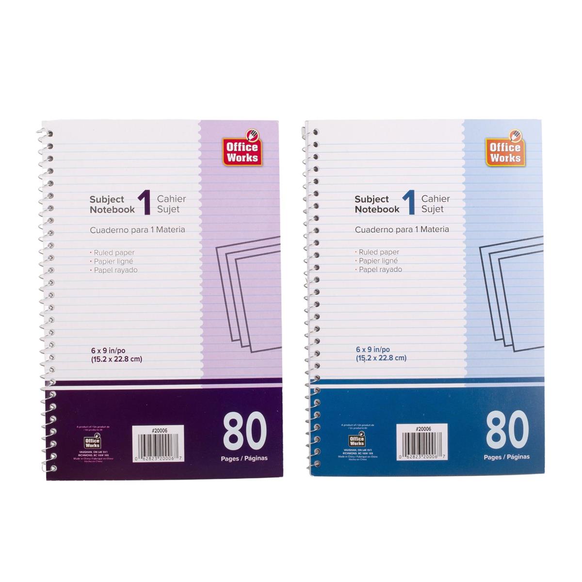 O.WKs. 80 Pages 1-Subject Notebook Coil, 6"x9", 2 cols