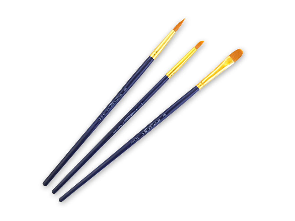 Artist Brush Set: Master Stroke Set x3 Versatility1 GoldenNylon Fil#8+Rnd#4+Stip#4