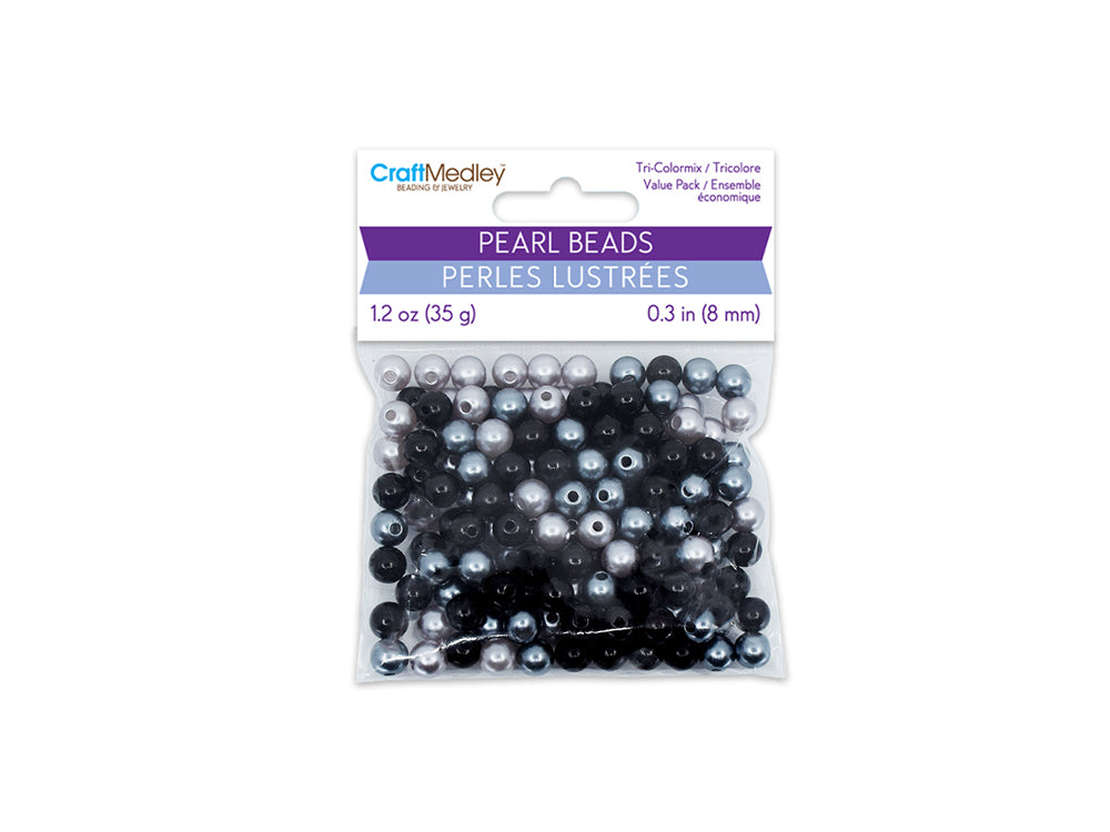 Pearl Beads: 8mm Gloss Tri-Colormix 35gms E) Black