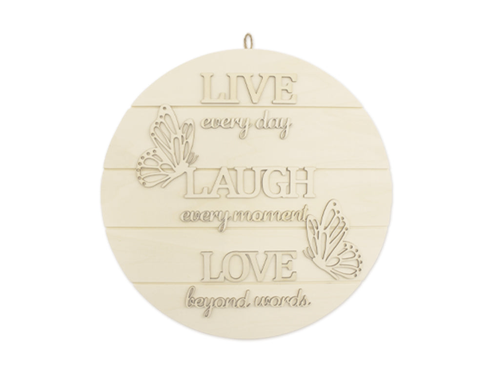 Wood Decor: 14" DIY Round Slat-Wall Sign Plaque 3D w/Jute Hanger D) Live Every Moment