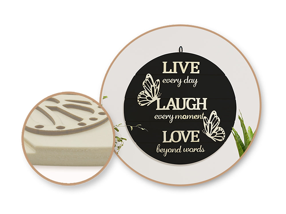 Wood Decor: 14" DIY Round Slat-Wall Sign Plaque 3D w/Jute Hanger D) Live Every Moment