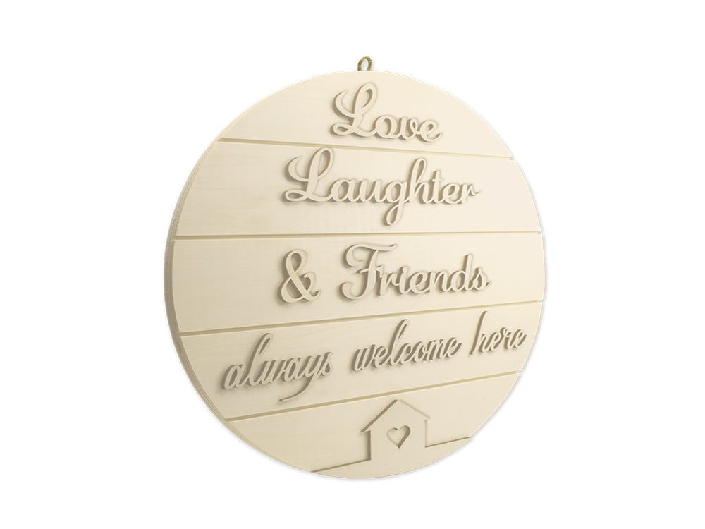 Wood Decor: 14" DIY Round Slat-Wall Sign Plaque 3D w/Jute Hanger B) Love, Laughter, & Friends